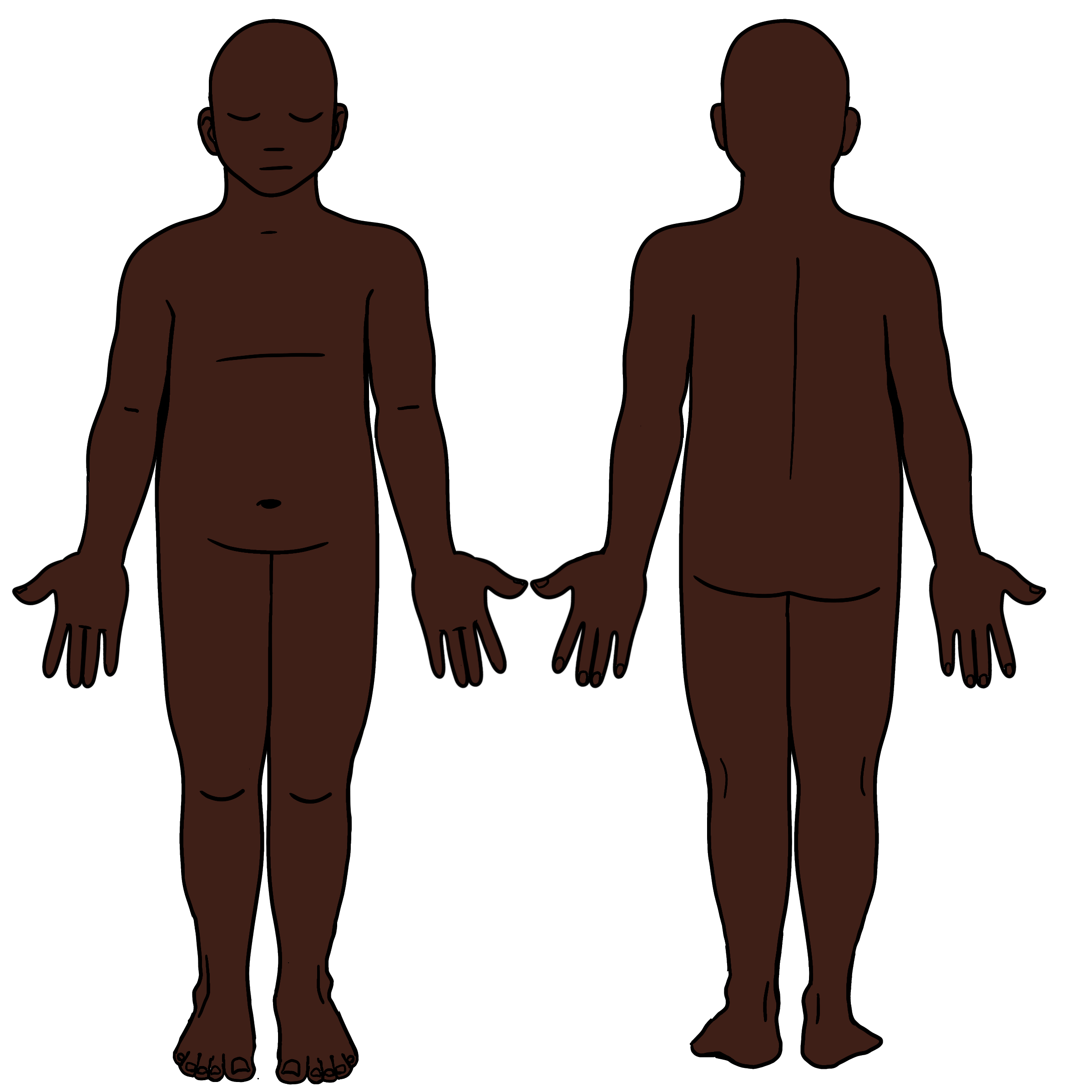 Front and back outlines of a medium sized body, eyes closed, no hair, chest indicated by a line. Dark brown skin.